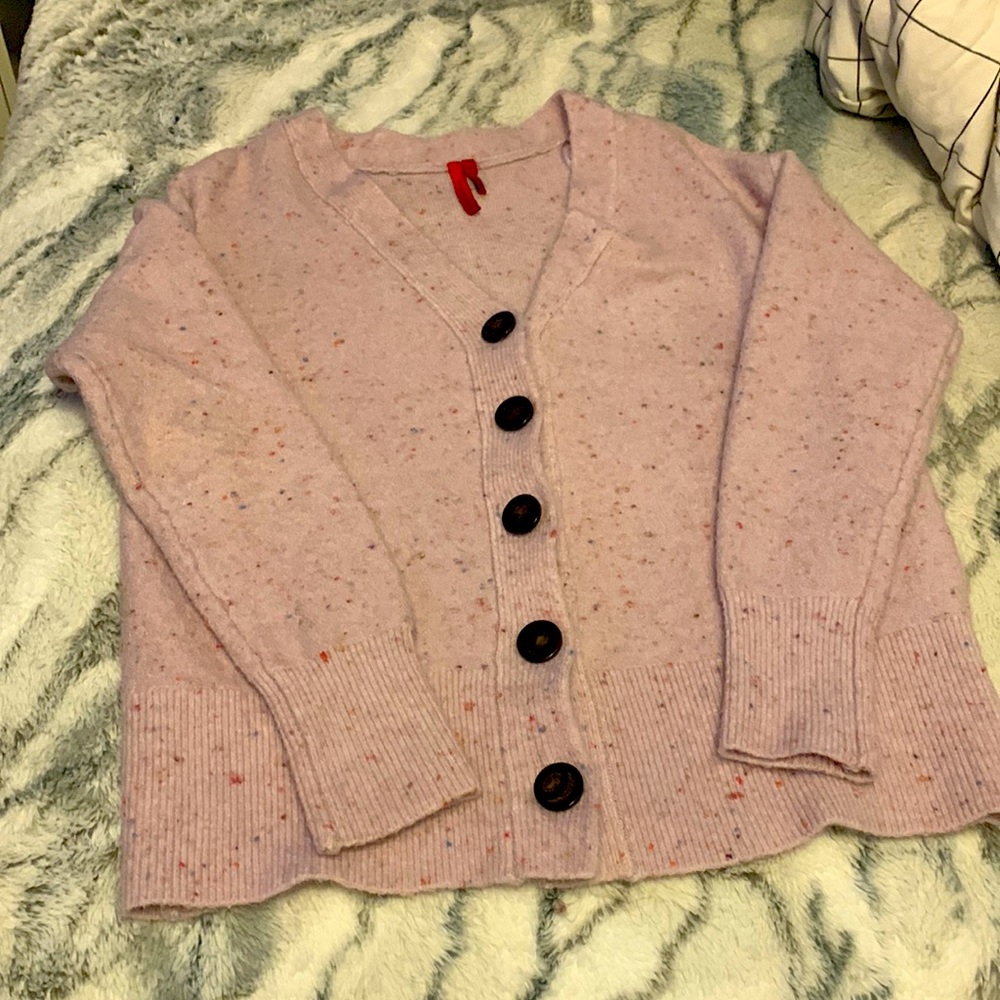 pink base cardigan with rainbow sprinkle like flecks, “Love Scarlett size S”